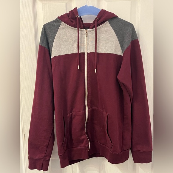 Forever 21 Men Hoodie Sweatshirt -Burgundy/Maroon with Grey Blocks - Picture 2 of 8